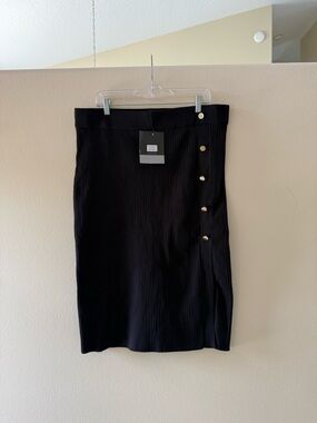 Marc New York Black Ribbed Pencil Skirt with Side Gold Buttons